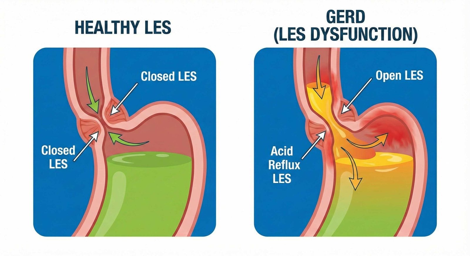 Illustration comparing healthy LES closure with LES dysfunction in GERD.
