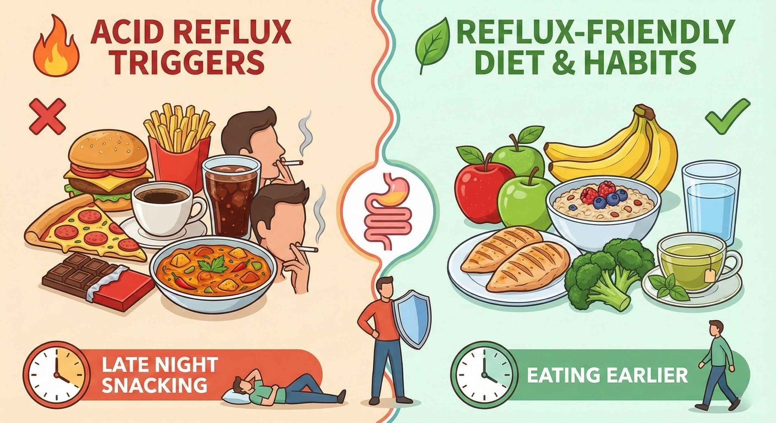 Illustration contrasting foods and habits that trigger acid reflux with a healthy, reflux-friendly diet.