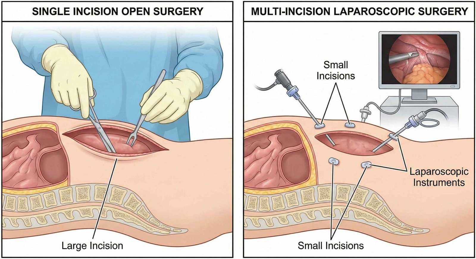 Diagram illustrating the difference between single incision open surgery and multi-incision laparoscopic surgery