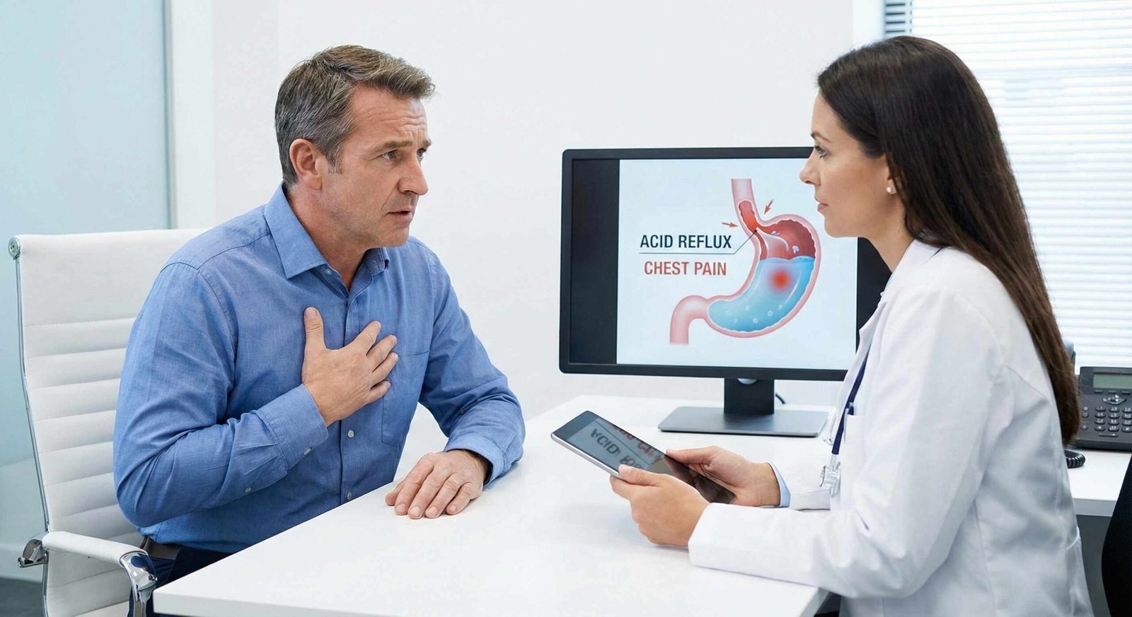 Patient talking to doctor see acid reflux doctor for chest pain check