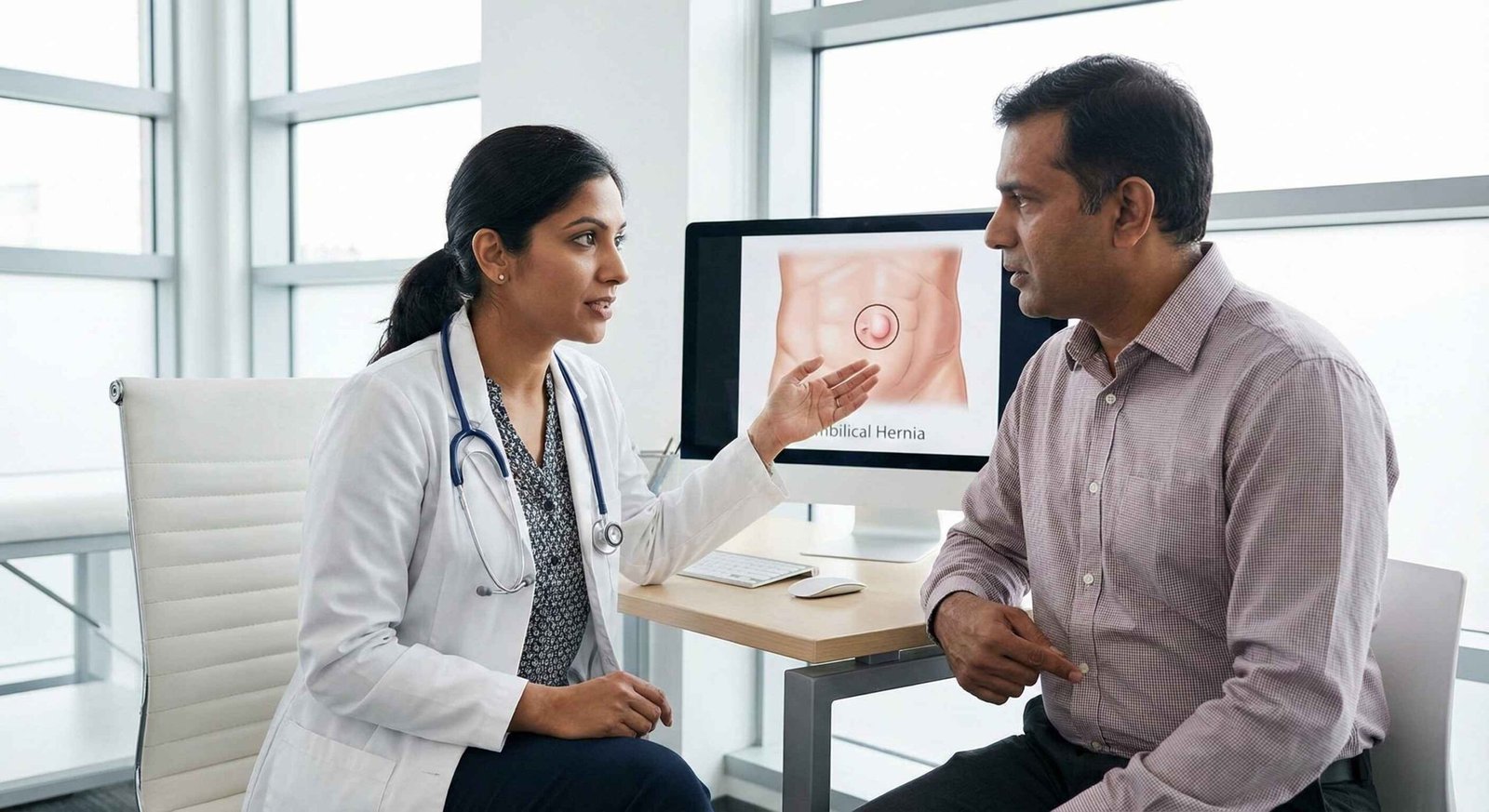 Doctor consulting with a patient in a modern clinic office about umbilical hernia symptoms