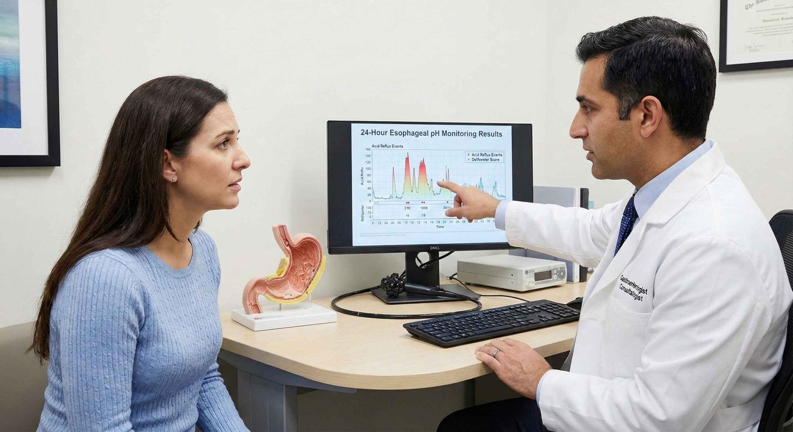 Doctor showing endoscopy pH monitoring results