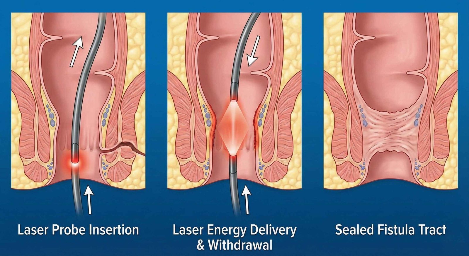 Diagram showing the mechanism of minimally invasive laser fistula surgery (FiLaC) sealing the tract