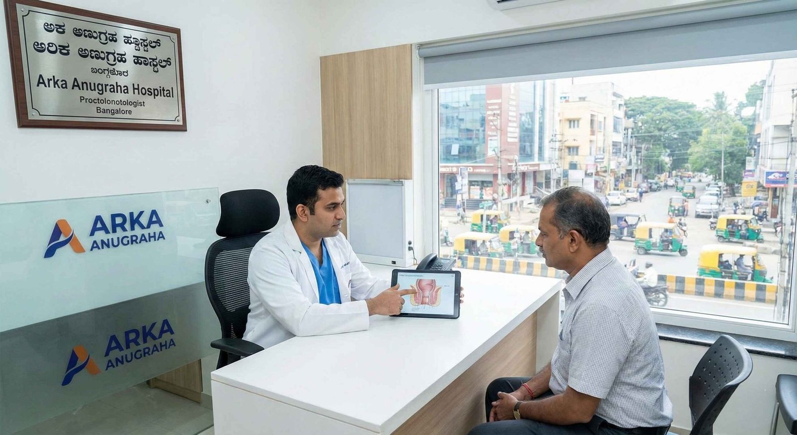 A specialist proctologist consulting with a patient about fistula treatment options in a modern Bangalore clinic