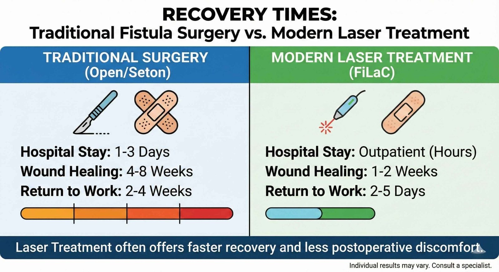 Comparison of recovery times between traditional fistula surgery and modern laser treatment