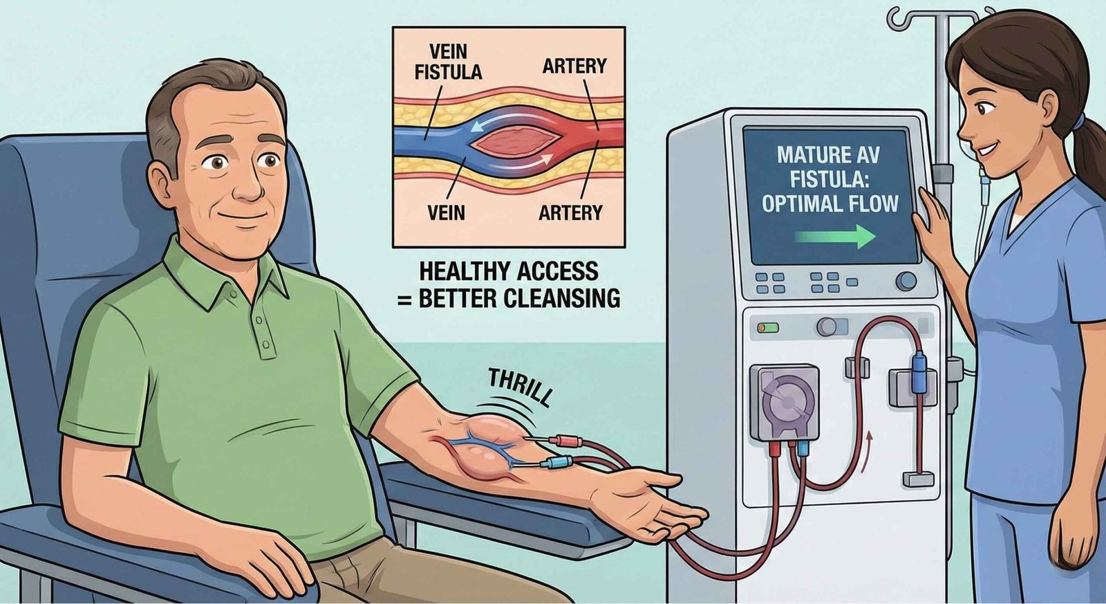 A patient receiving dialysis treatment showing the importance of a matured arteriovenous (AV) fistula access