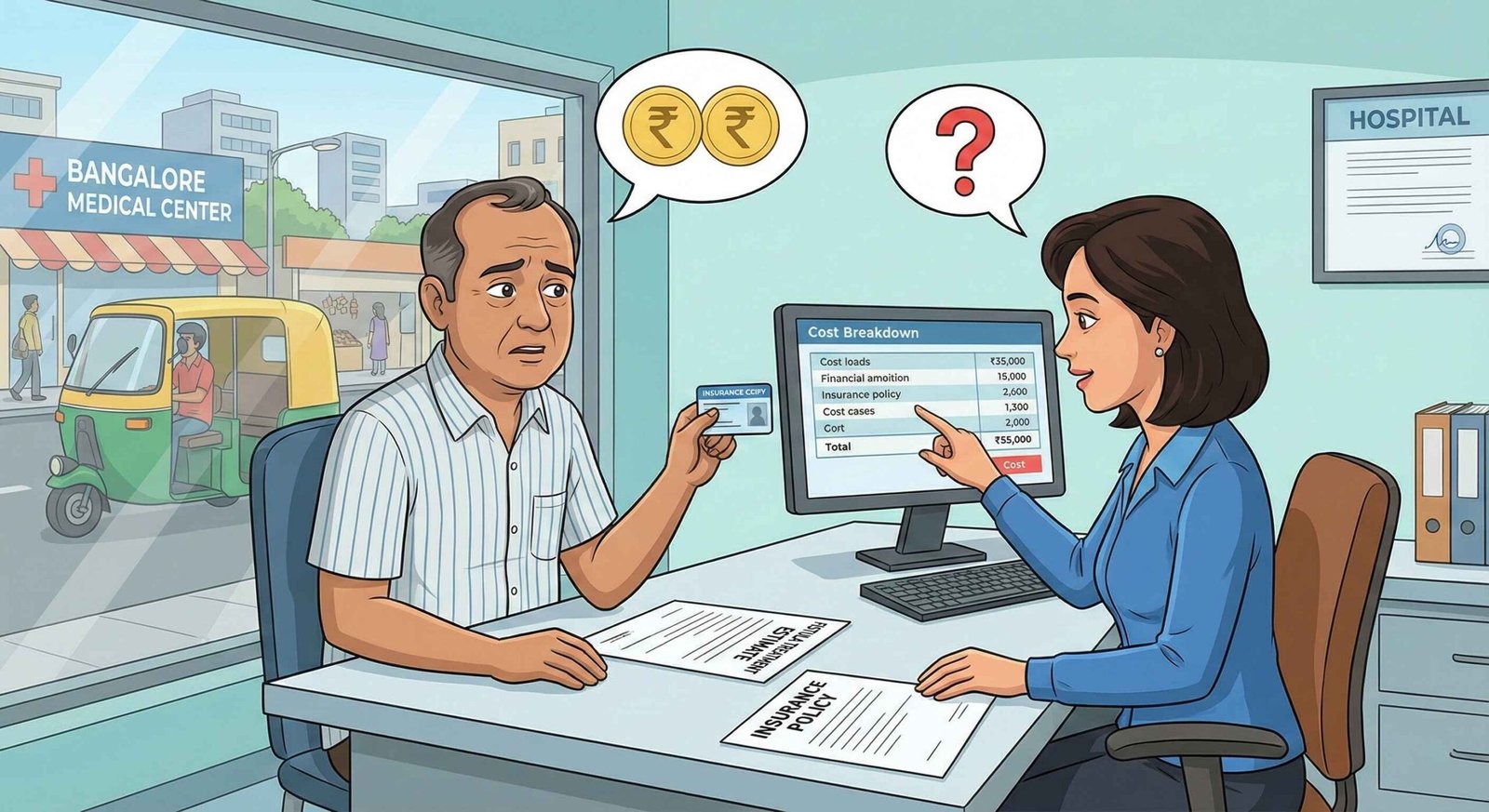 Patient discussing fistula treatment cost and insurance coverage with a hospital financial counselor in Bangalore