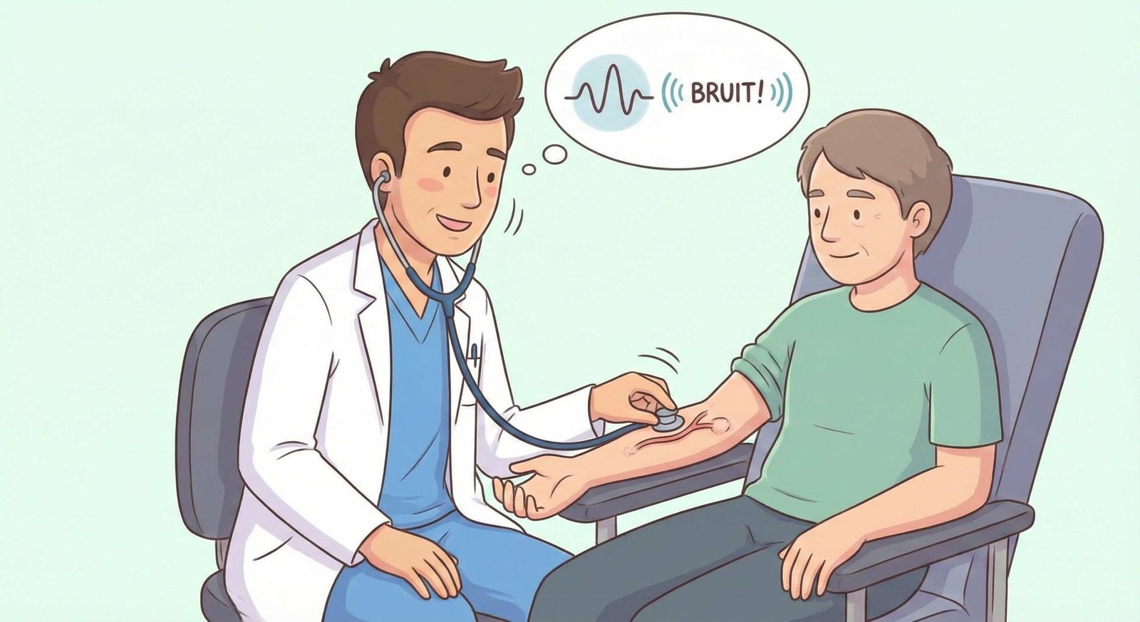 Doctor checking the blood flow sound (bruit) of a maturing dialysis fistula