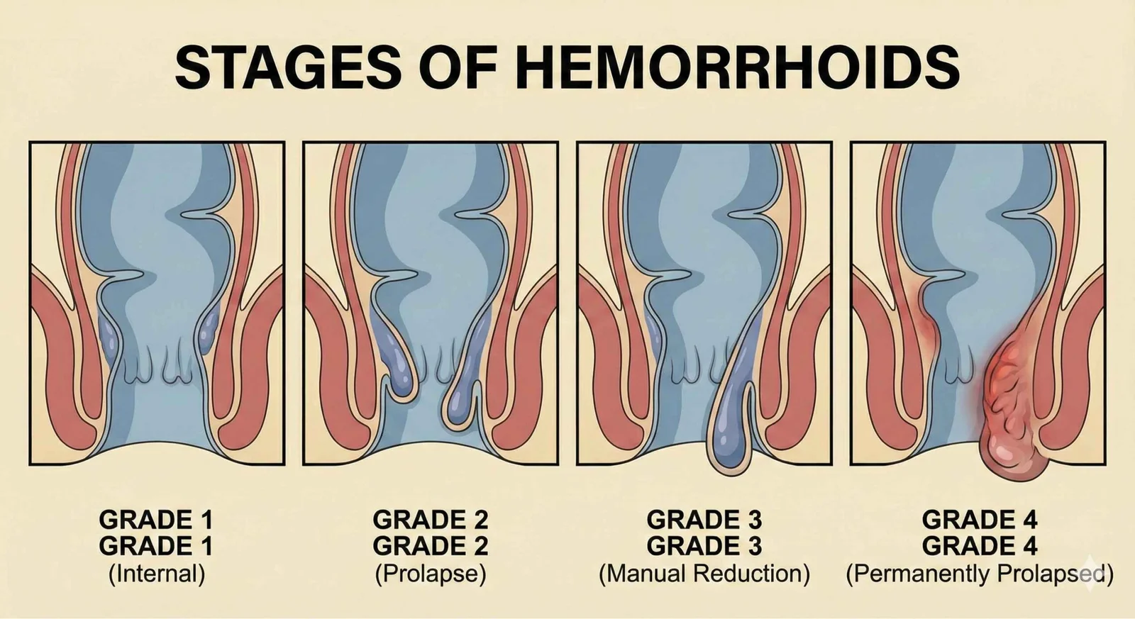 Medical illustration showing stages of hemorrhoids from internal Grade 1 to permanently prolapsed Grade 4