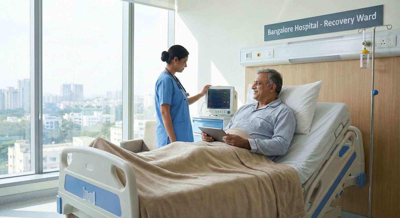 Patient recovering comfortably after piles surgery in Bangalore in a modern hospital room