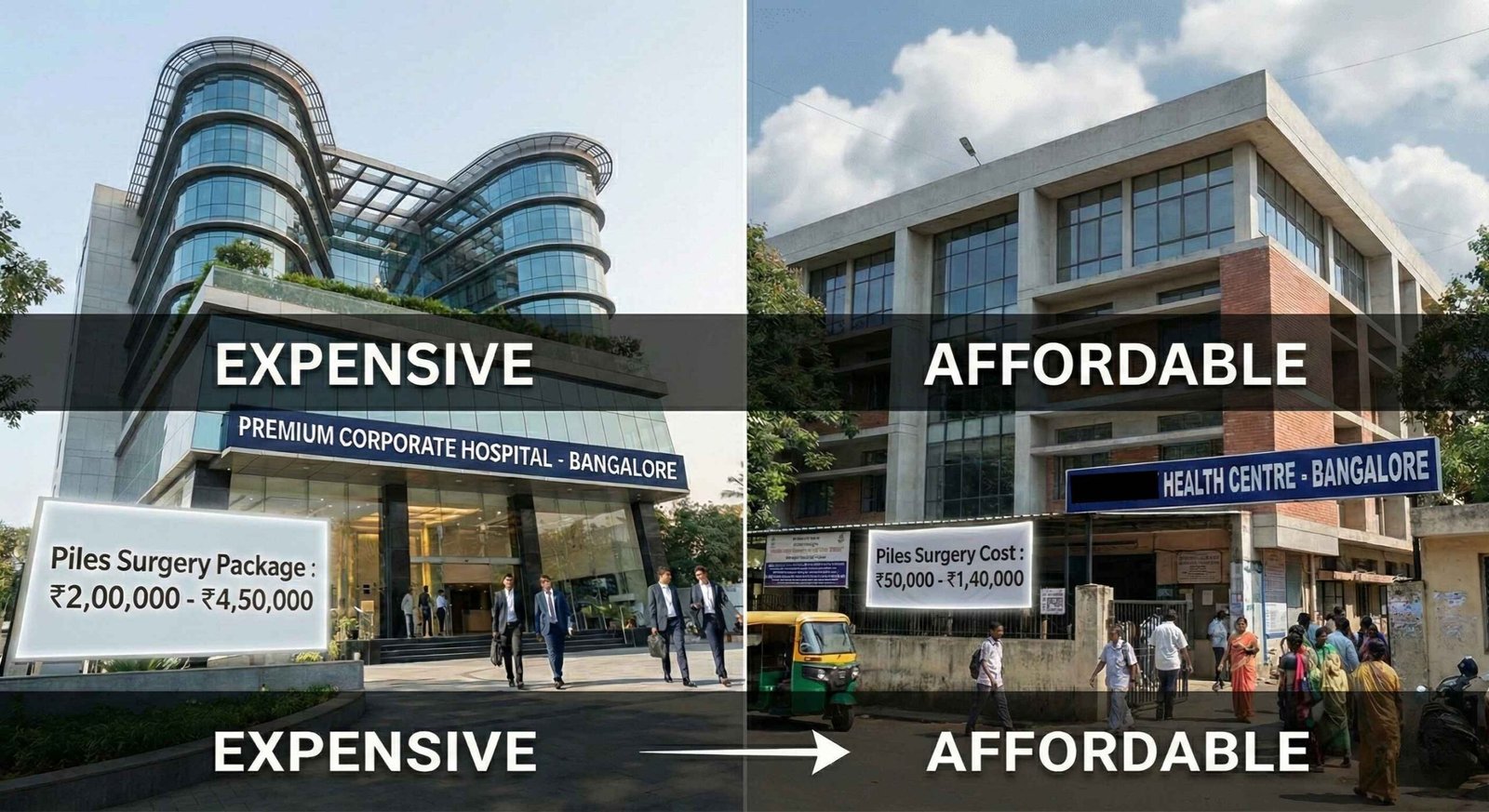 Comparison of premium corporate hospital and a smaller clinic in Bangalore reflecting varying piles surgery costs