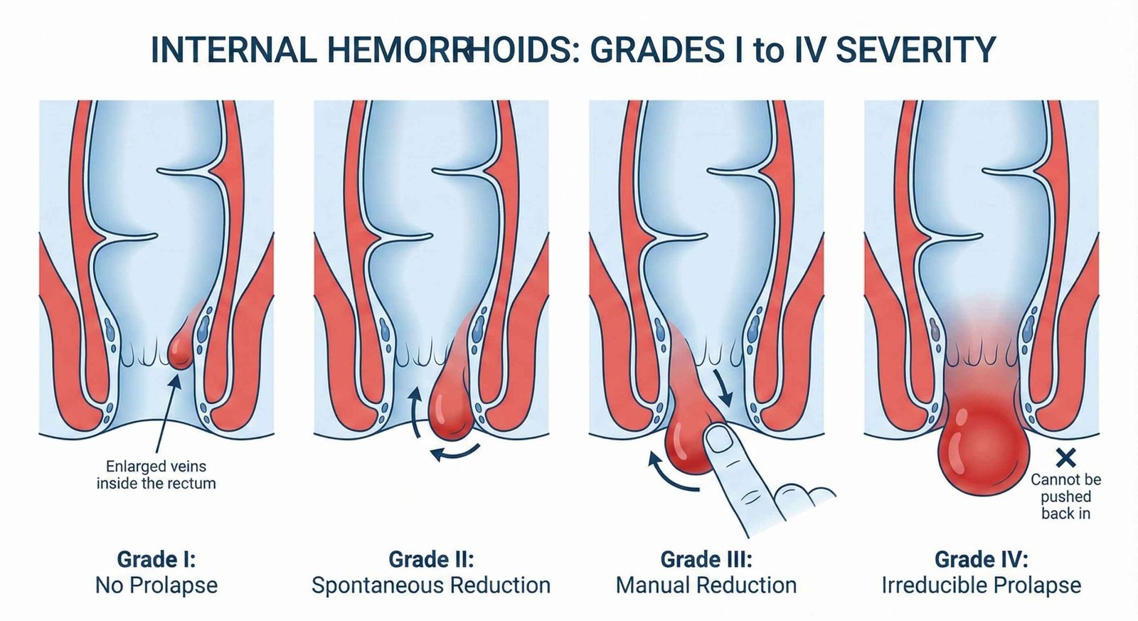 Diagram showing the four grades of internal hemorrhoids I to IV for severity assessment