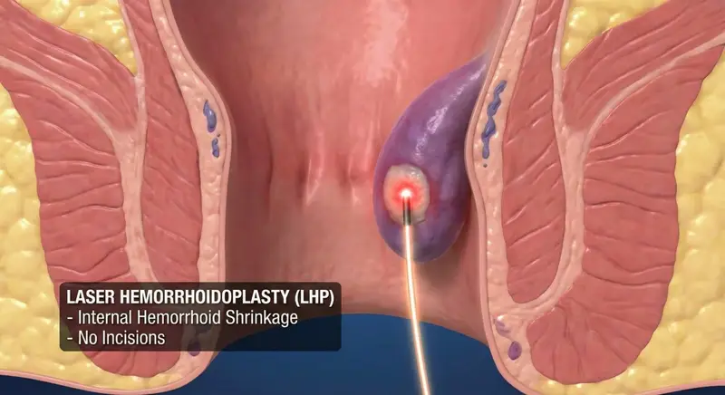 Laser fiber performing laser hemorrhoid surgery to shrink an internal hemorrhoid without incisions