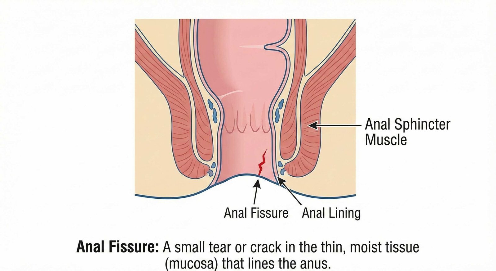 Diagram illustrating an anal fissure a small tear in the lining of the anus
