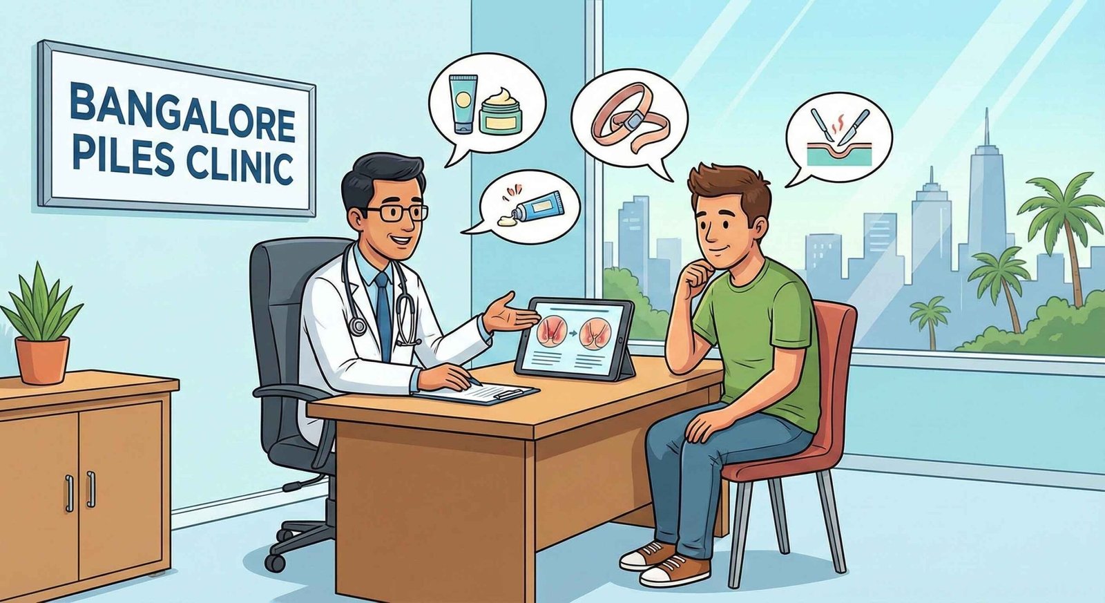 Piles doctor discussing treatment options with a patient at a piles clinic in Bangalore
