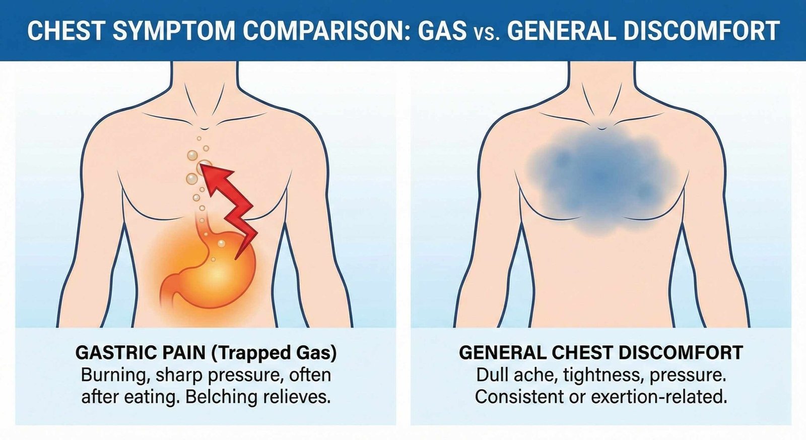 Illustration of gastric pain in chest from trapped gas vs general chest discomfort