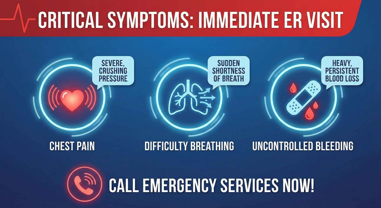 Infographic of critical symptoms requiring immediate emergency room visit like chest pain