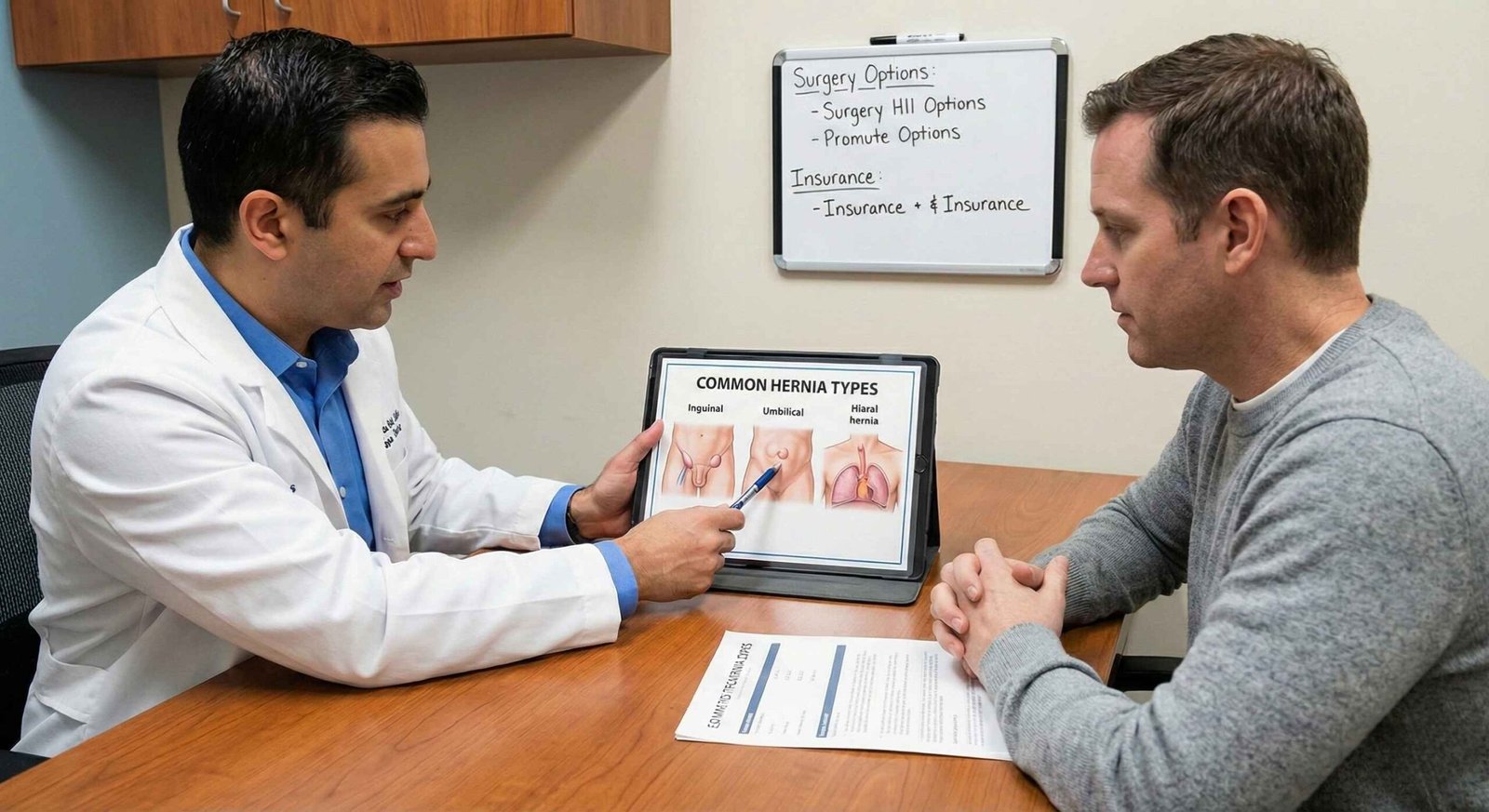 Doctor explaining hernia types and costs to a patient using a diagram