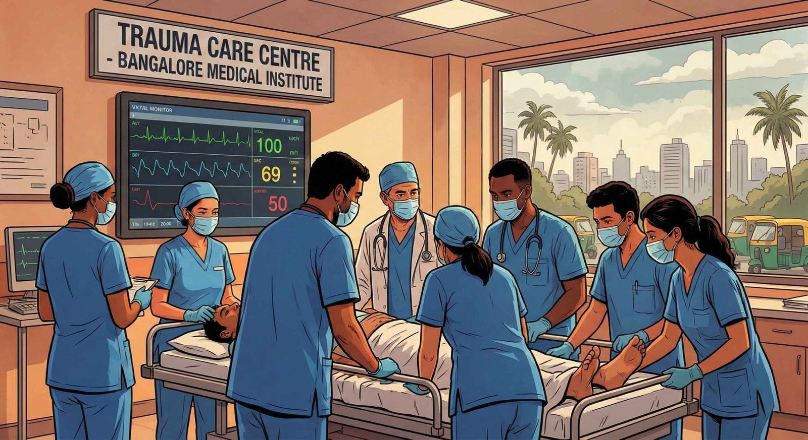 Emergency medical team at a trauma care centre in Bangalore providing urgent care to a patient
