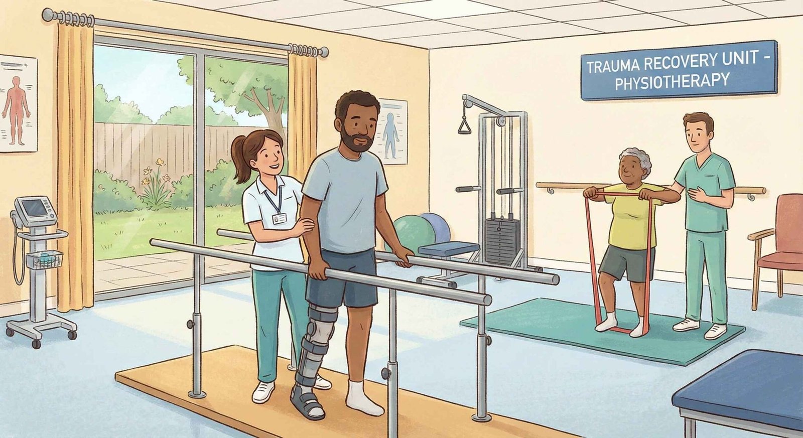 Post-trauma physiotherapy session to aid recovery after injury at a trauma care hospital