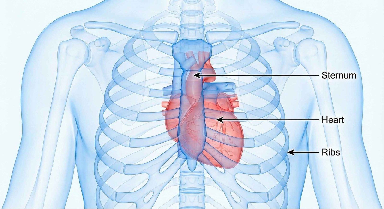 Image of chest anatomy showing sternum and heart position