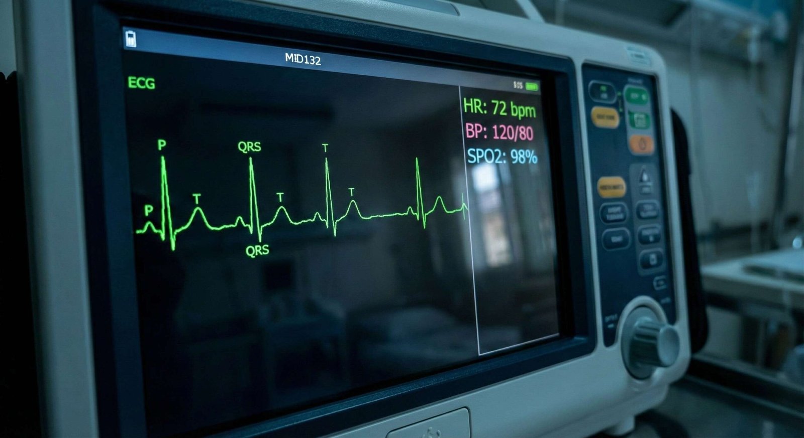 Image of ECG machine screen with heartbeat rhythm