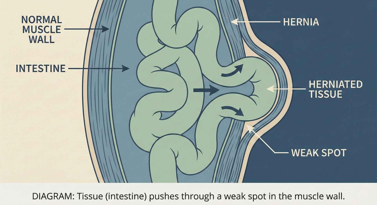 Diagram illustrating a hernia where tissue pushes through a weak spot in the muscle wall
