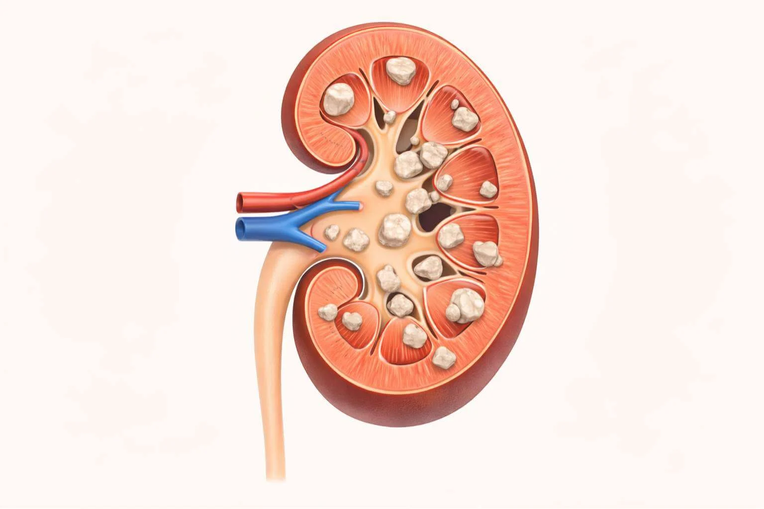 Detailed anatomical view of kidney with kidney stones forming