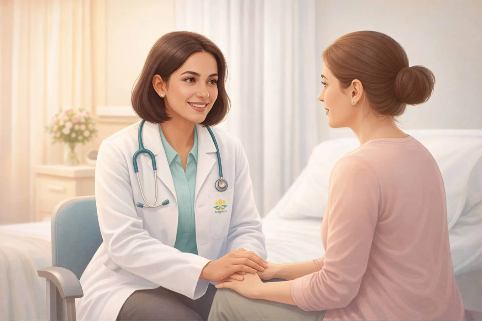 Doctor consulting a female patient about symptoms of piles at Arka Anugraha Hospital Bangalore