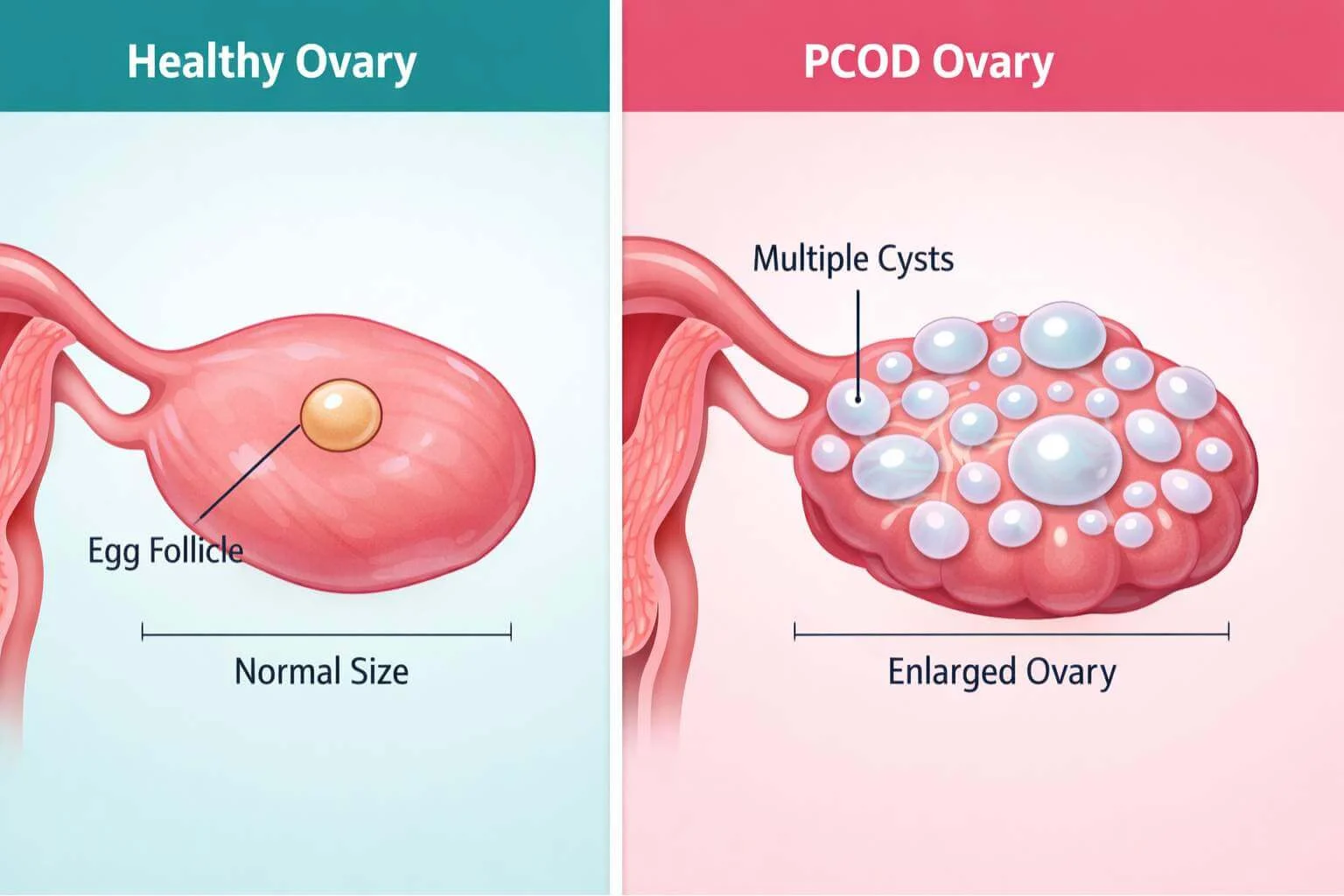 Healthy ovary compared to polycystic ovary showing multiple cysts in PCOD