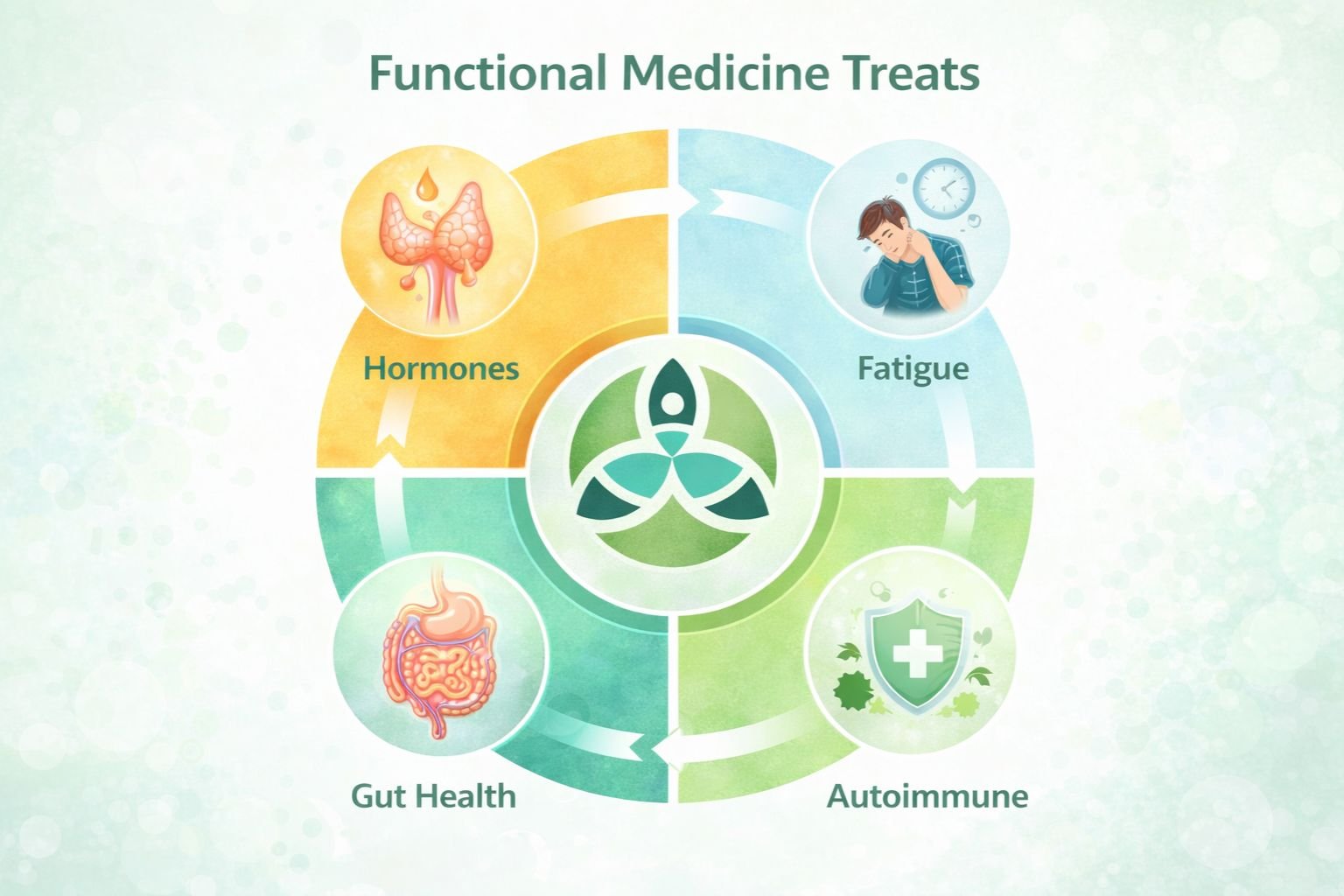 Circular diagram showing interconnected health conditions functional medicine treats hormones gut health fatigue autoimmune