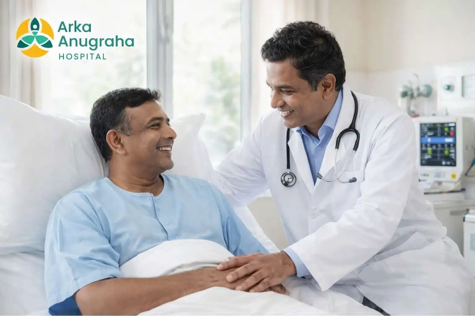 Doctor consulting with patient about hernia surgery recovery at Arka Anugraha Hospital