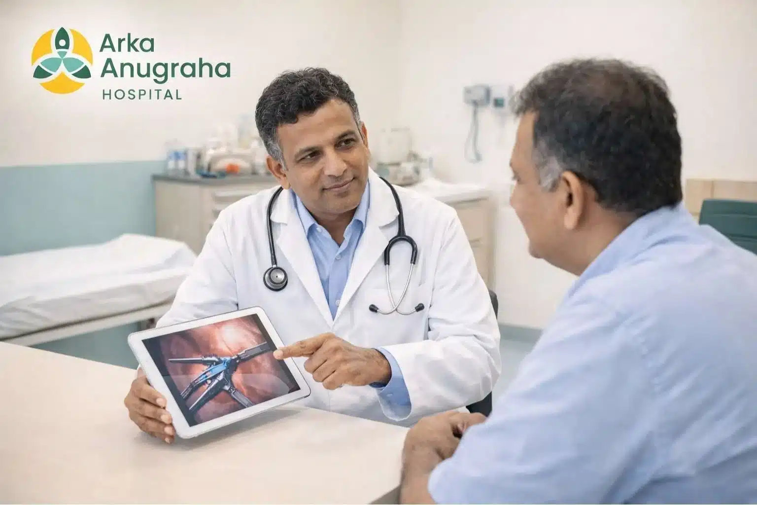 Doctor explaining hernia kit surgery details to patient at Arka Anugraha Hospital