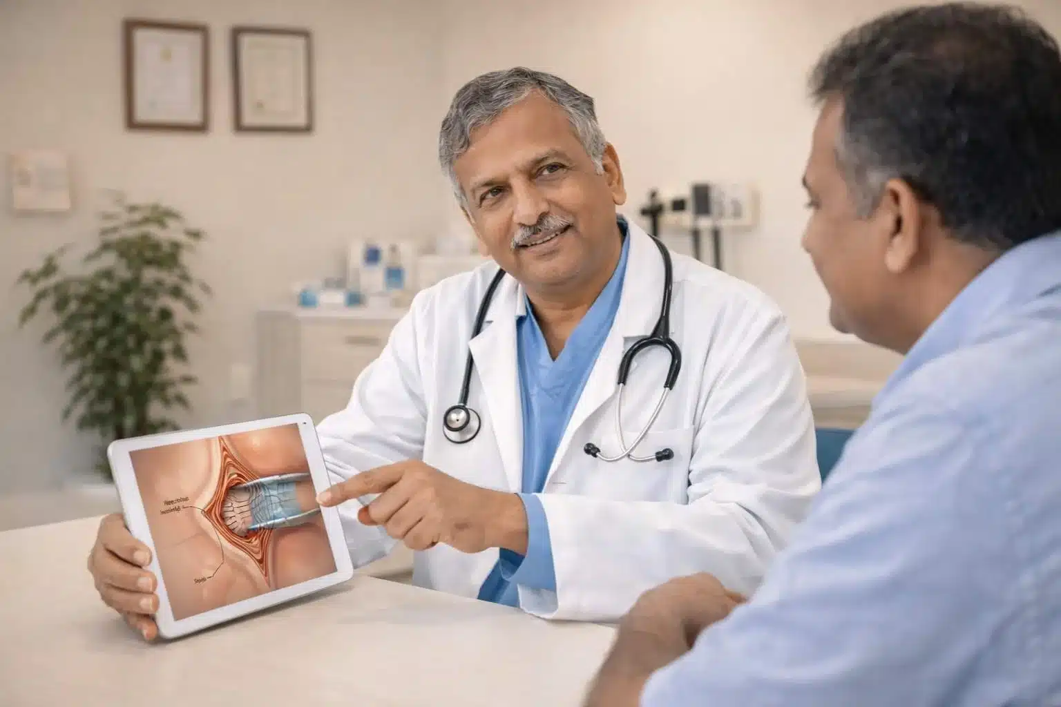 Hernia specialist in Bangalore Dr Ramesh Makam explaining hernia repair to a patient