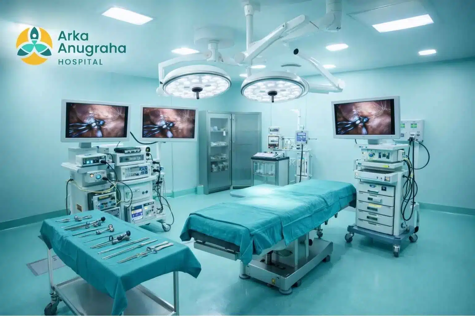Modern operation theatre for laparoscopic hernia surgery at Arka Anugraha Hospital, Bangalore