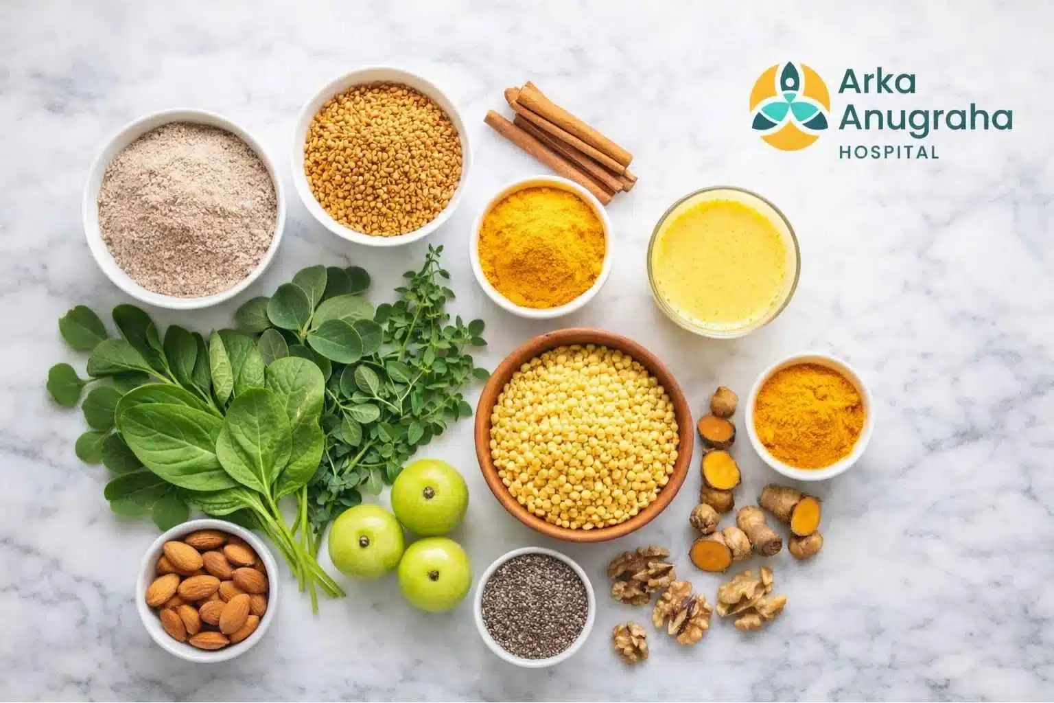 PCOS-friendly foods on white marble